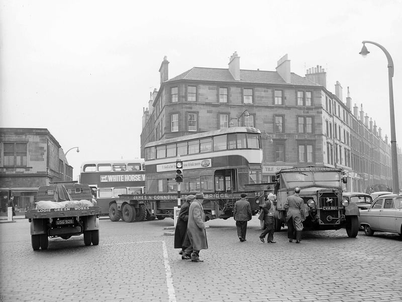 A tramcar taken by transporter from the Shrubhill Depot of Corporation Transport to a museum at Leith Walk in March 1961.