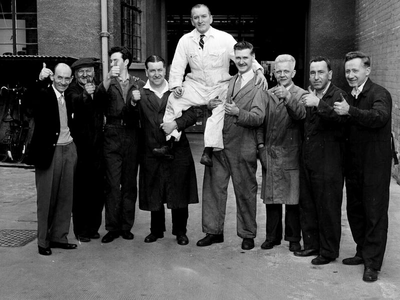 Workmen at James Bertram and Son Ltd on Leith Walk who won the Vernons Australian Treble Chance football pools in June 1961.