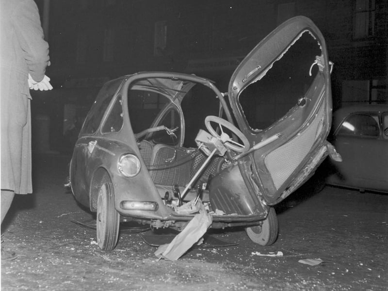 A bubble car involved in a crash at the corner of Lorne Street and Leith Walk in November 1965. Nobody was badly injured in the accident.