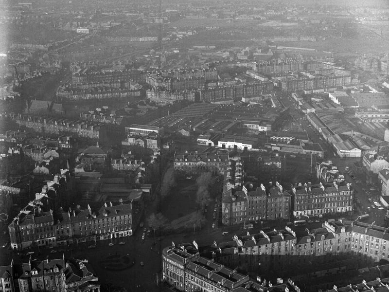 An aerial view of the top of Leith Walk with Gayfield Square in the foreground, looking west, in January 1963.