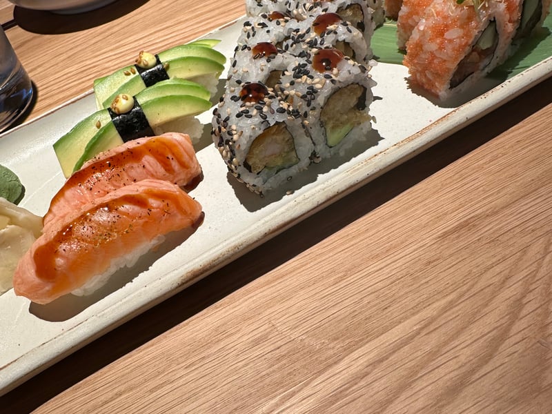 Then on to the sushi, a beautifully presented selection that delivers on flavour. Some of the best examples of Japanese precision I've tasted. Seared salmon, tempura shrimp with a spicy sauce, tuna, and avocado with yuzu-kosho. I could get used to this.