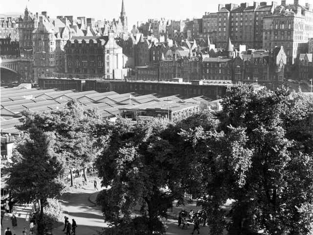 The view across Princes Street Gardens East to the Waverley Bridge in August 1966.
