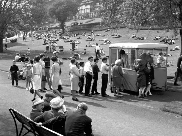 People queue up at the ice-cream kiosk in Princes Street Gardens in May 1966.