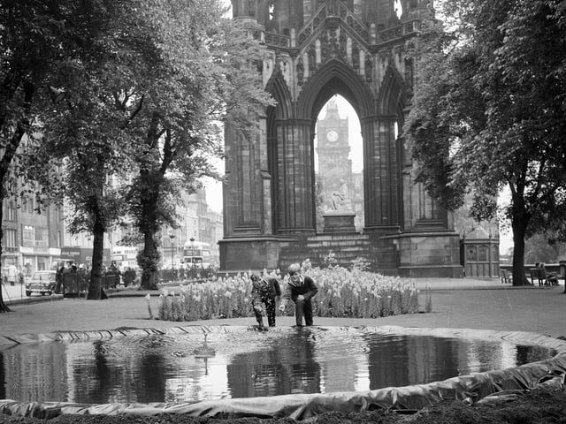 Decorative water fountains are erected next to The Scott Monument in Princes Street Gardens in June 1965.