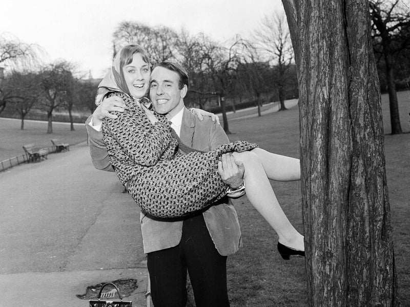 Actors David MacMillan and fiancee Morag Forsyth in Princes Street Gardens in April 1964.