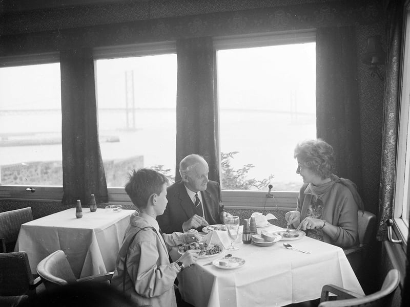 Enjoying a view of the Forth Road Bridge from the South Queensferry Hotel in October 1964.