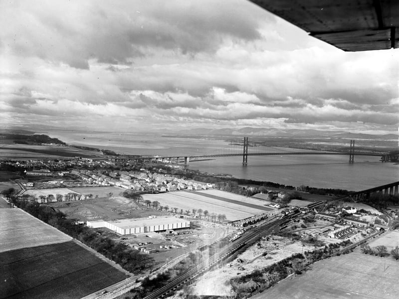An aerial view of the Hewlett Packard factory at South Queensferry and the Forth Road Bridge in March 1966.