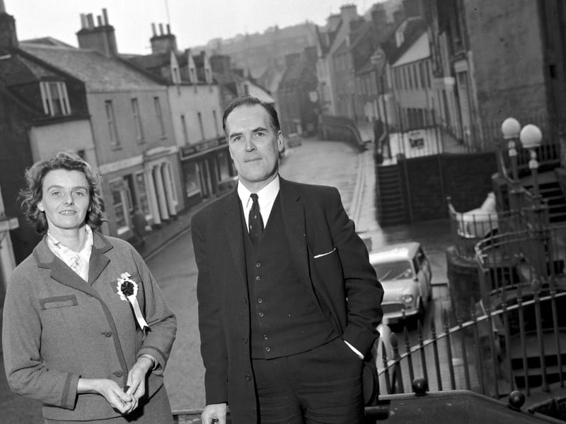 Candidates James Sharp and Monica Dawson campaigning at the South Queensferry by-election in October 1965.