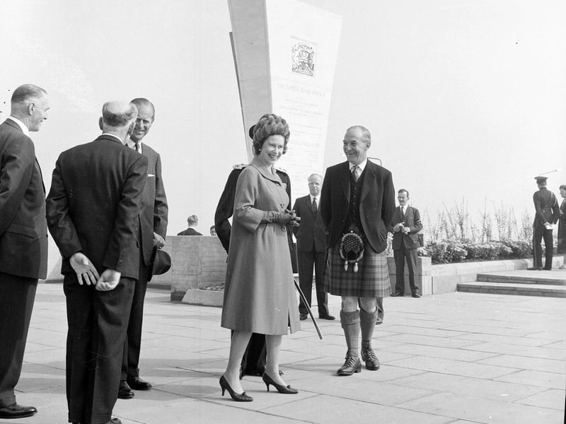 Queen Elizabeth II at South Queensferry with Mr Michael Noble for the opening of the Forth Road Bridge in September 1964.