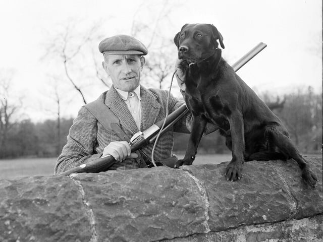 Mr James Clelland, the gamekeeper at Dundas Estate South Queensferry, with his faithful dog Sally in April 1960.