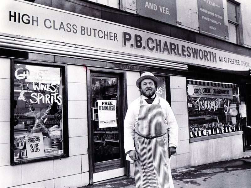 Peter Charlesworth, Wath butcher and wine merchant, pictured outside his shop on High Street, Wath-on-Dearne, in December 1979