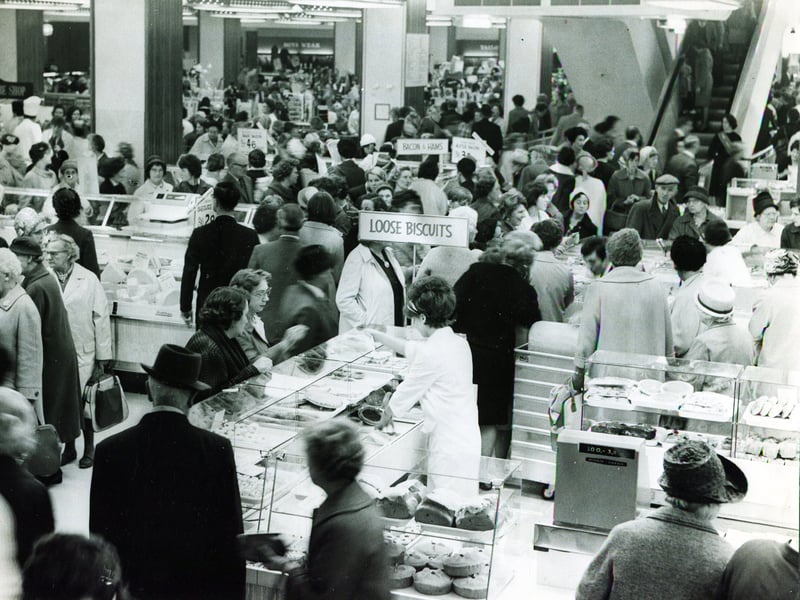 The busy scene on the opening day of Pauldens new store, on The Moor, Sheffield, in 1965. It later became a Debenhams.