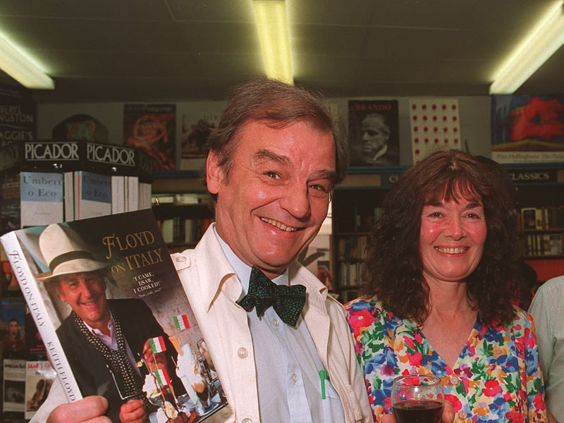 TV chef Keith Floyd at Austicks' bookshop in Leeds with his new book, in 1974. Beside him is one of his fans, Mary Wainwright, of Mirfield.