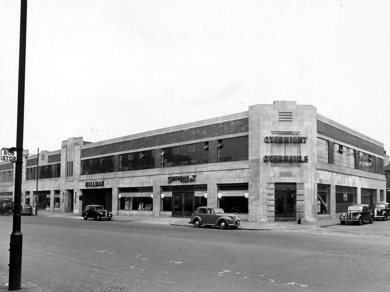 The premises of Cox & Co. (Leeds) Ltd. of Regent Street. It is a car showroom advertising Hillman and Sunbeam Talbot. Pictured in October 1948.