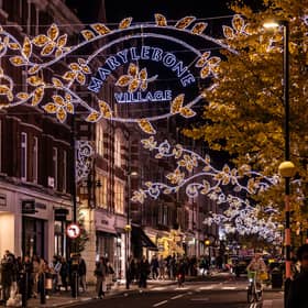 Marylebone High Street looked like a winter wonderland at night time