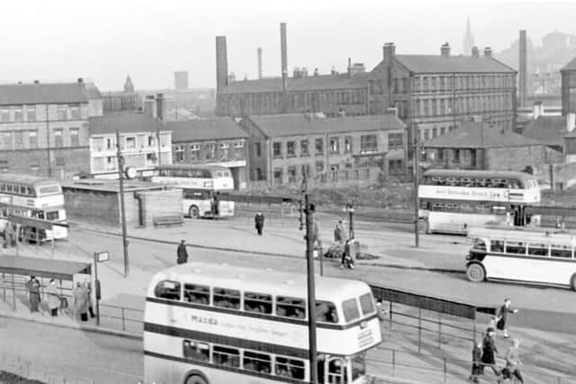 Pond Street bus station, Sheffield, in February 1955, showing the Lyceum pub, Sheffield United Tours, Joseph Rodgers and Sons cutlery manufacturers, and Ponds Forge