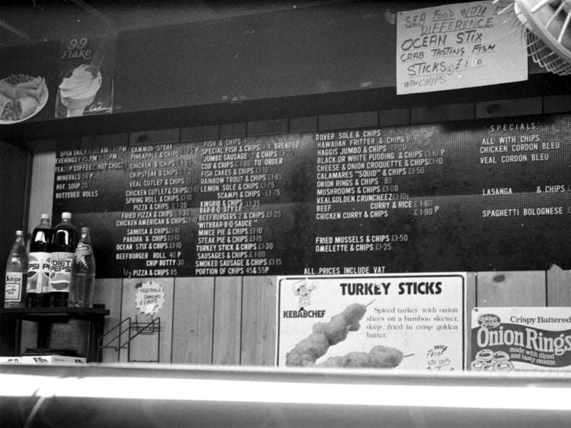 The menu at the Globetrotter fish and chip shop in Bruntsfield, Edinburgh, in December 1988, when a cod and chips cost just £1.30