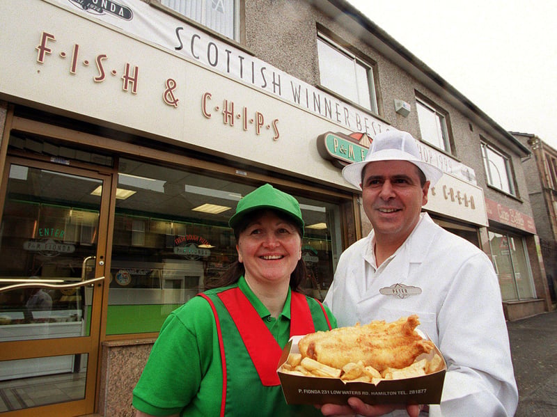 The owners Margaret and Peter Fionda outside P&M Fionda's of Hamilton, holders of the Best Fish and Chip Shop in Scotland title, in February 2000