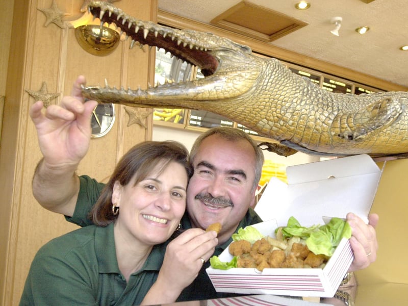 Crocodile and chips , and make it snappy. Filippo Crolla with the latest venture at the L'Alba D'Oro takeaway and restaurant on Henderson Row , Edinburgh, in May 2000