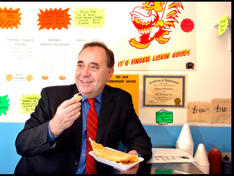 Alex Salmond enjoys a fish supper at Fish n Things, in Fraserburgh, in 2004