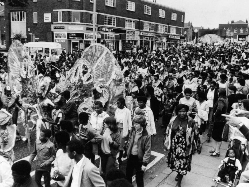 The Leeds West Indian Carnival in full flow down Chapeltown Road in August 1981.
