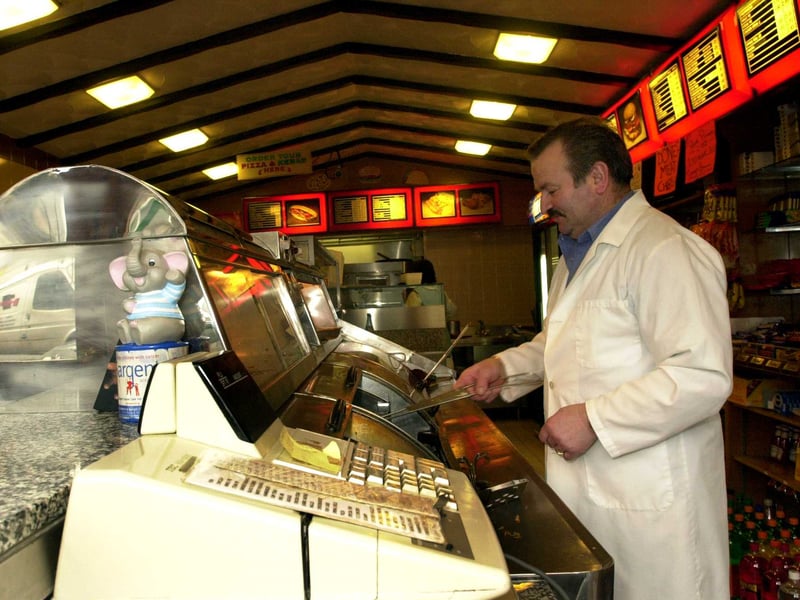 Peter Crolla at Perino's fish bar, on Bernard Street, Leith, in January 2001