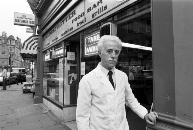 Owner Alfred de Angelis outside the Globetrotter fish and chip shop in Bruntsfield, Edinburgh, in December 1988
