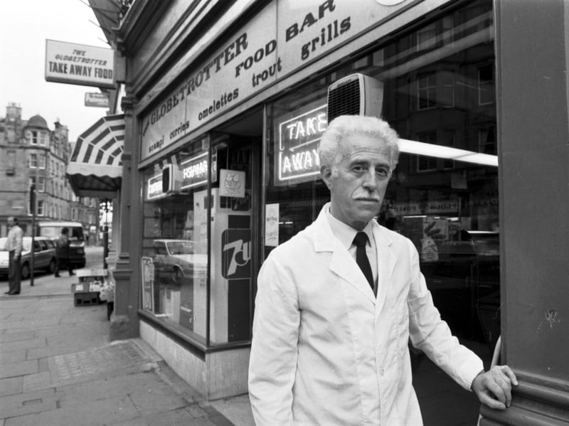 Owner Alfred de Angelis outside the Globetrotter fish and chip shop in Bruntsfield, Edinburgh, in December 1988