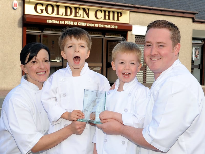 Pic Michael Gillen 17/09/10. DENNY. The Golden Chip, Denny, Central FM's Chippie of the Year in 2010. Pictured outside are owners Rita Barrett and Alastair Rough with Luke Barrett, aged three, and Joseph Rough, aged four
