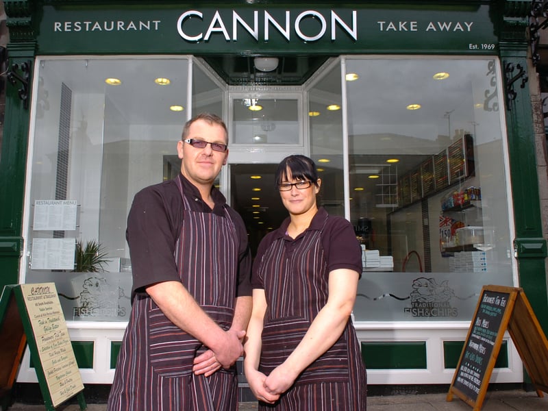 Bob Coull and Lesley-Ann Morrison outside the Cannon chip shop in Castlegate, Berwick, in 2010