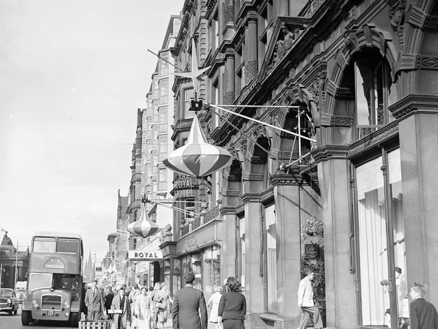 Lantern-style Edinburgh Festival decorations outside Jenners  in 1957.