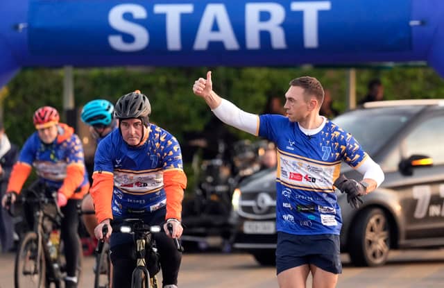 Kevin Sinfield sets off from Queen Ethelburga's school on day seven of the 7 in 7: Together 2025 Challenge in Leeds.