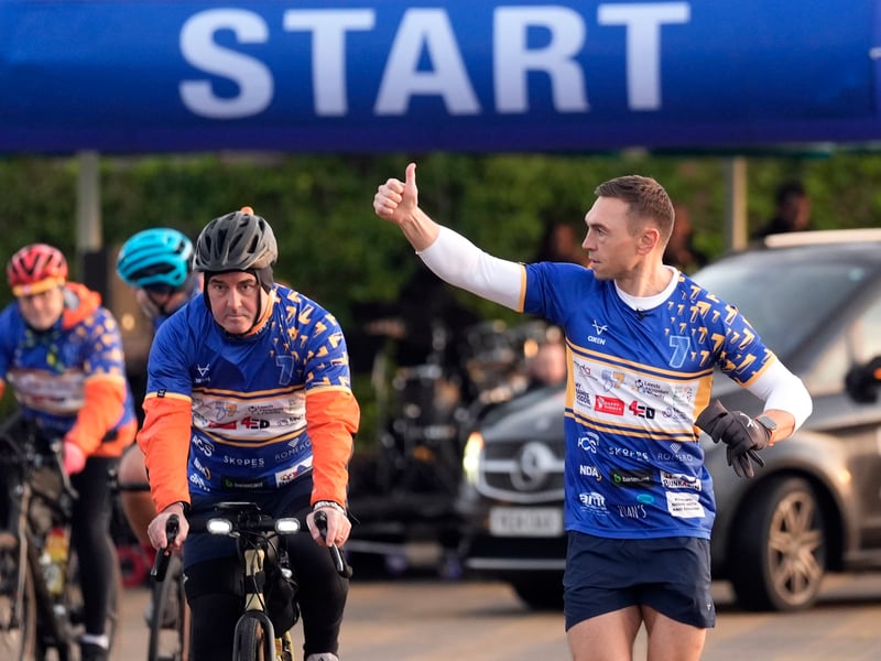Kevin Sinfield sets off from Queen Ethelburga's school on day seven of the 7 in 7: Together 2025 Challenge in Leeds.