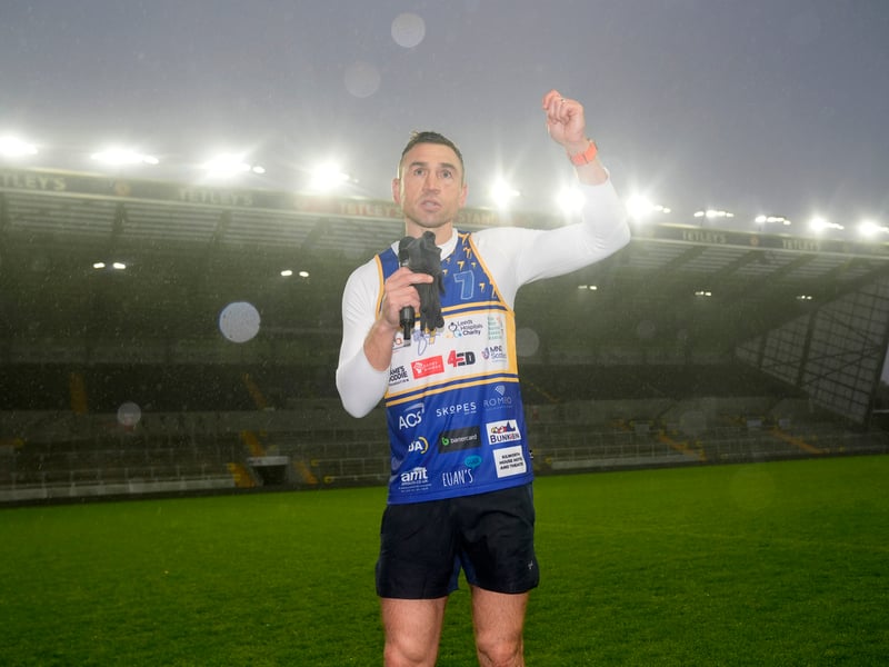 Sinfield speaking at Headingley Stadium after completing his run.