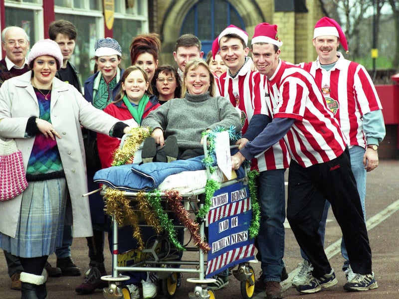 Regulars from the New Derby were pictured as they set off on their sponsored bed push in aid of Macmillan Nurses Appeal.