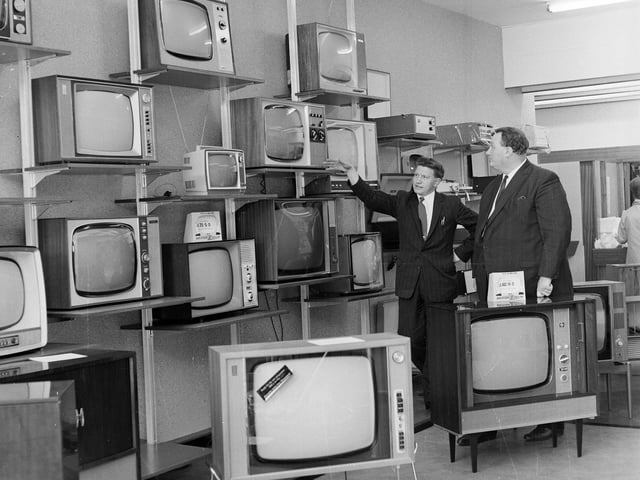 Television sets in the British Relay Television Centre on Dalry Road in June 1965.