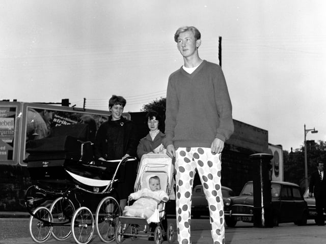 Peter Tuffy walks along Dalry Road Edinburgh in his new spotted jeans in October 1965.