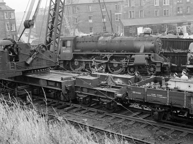 A derailed train at Dalry Middle junction in Aigust 1963.