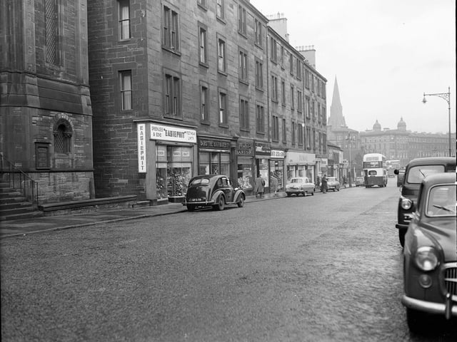 The shops on Dalry Road looking towards Haymarket in October 1962.