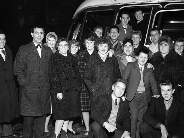 The Happy Knights Concert Party leave Dalry House to give a show at Roslynlee Hospital in November 1962.