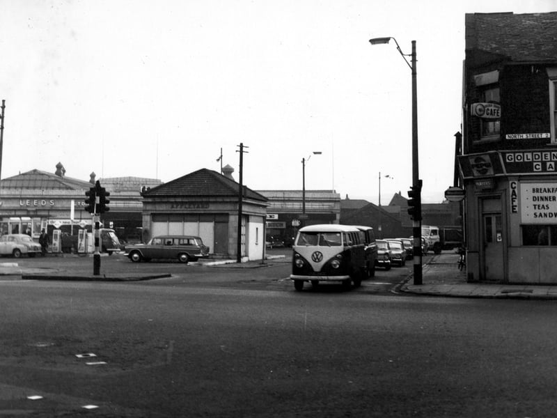 Looking east from North Street to Sheepscar Street South in November 1968. To the rear of the photo is Appleyard of Leeds Ltd. garage and showrooms and in front is the petrol station which was an island site on Sheepscar Street South.