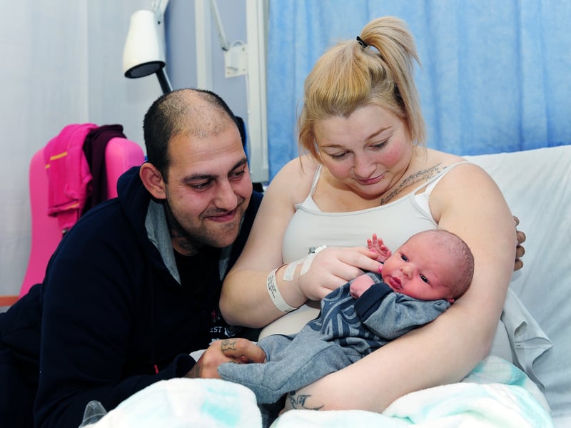 Sophie Graves and Ashley Bradley from Belle Isle with their son Vinny Jay, who was born at midnight at St. James's Hospital in January 2016 weighing 6lb 6oz.