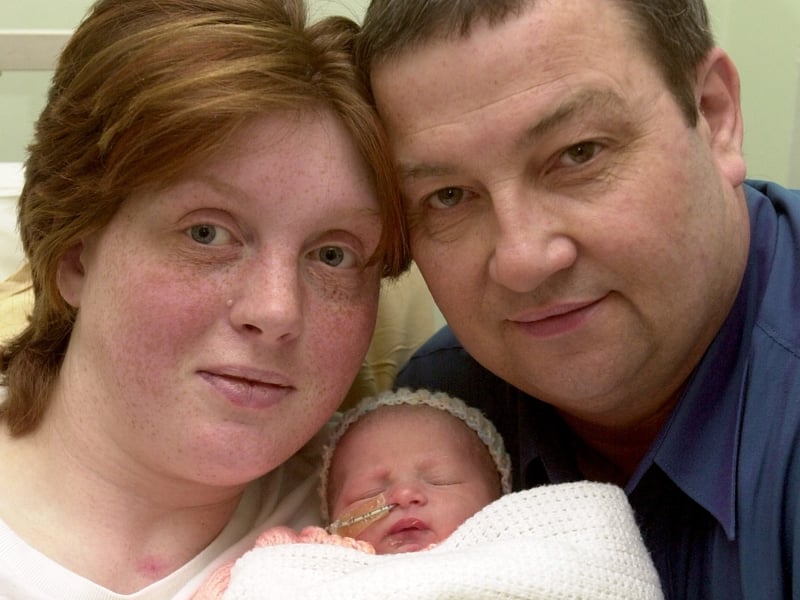 Mum Dianne McHugh and dad David Brightwell pictured with their daughter Edith born at 1.03am on New Year's Day at St James's Hospital in January 2003 weighing 5lbs 11oz.