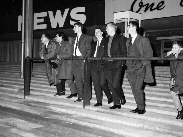 Hibs players watch Real Madrid training at Easter Road in October 1964. Hibs beat Real Madrid that evening 2-0.