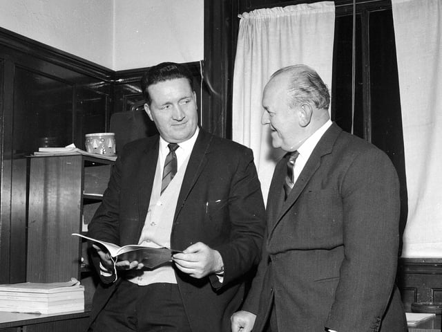 Jock Stein talks with Mr W Harrower - Chairman of Hibs - after a Board Meeting at Easter Road in March 1964.