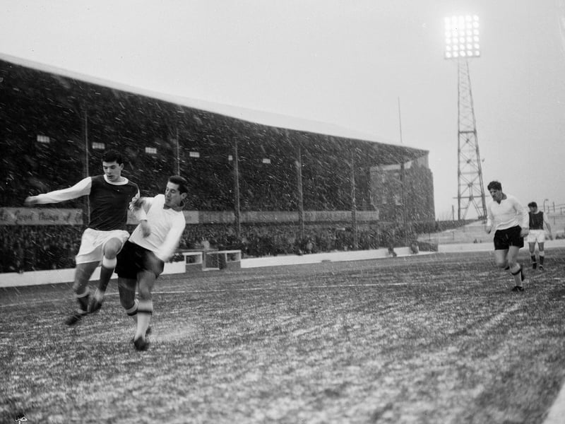 Hibs v Clyde at a snow-covered Easter Road in December 1964.