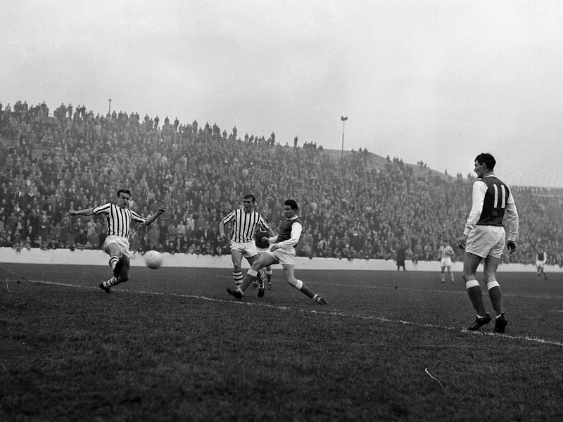 Jim Scott scores a goal a the Hibs v St Mirren match at Easter Road in November 1964.