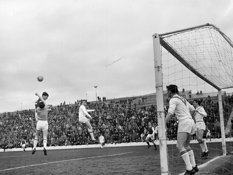 Jim Samson punches the ball clear at the Hibs v Airdrie match at Easter Road in April 1964.