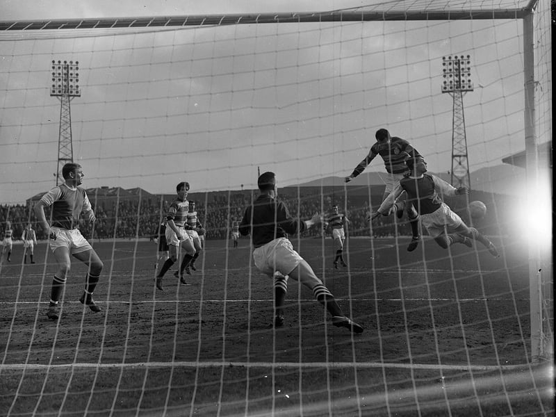 Ronnie Simpson prepares to save at a Hibs v Partick Thistle game at Easter Road in February 1964.