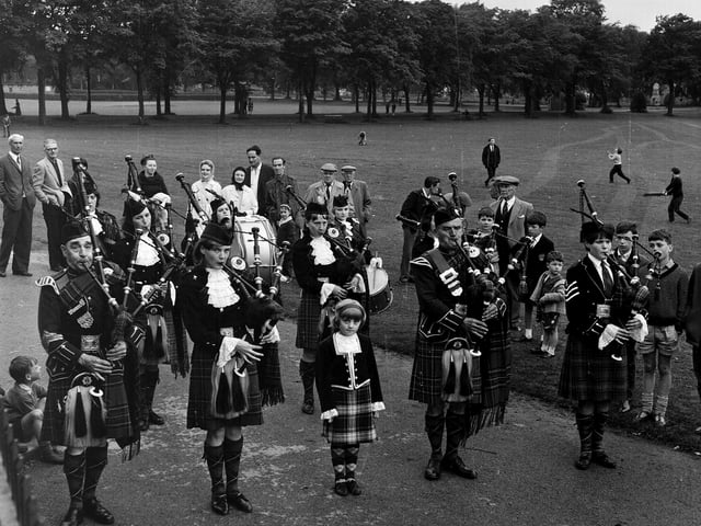 Edinburgh and Leith Pipe Band in Inverleith Park in June 1965.